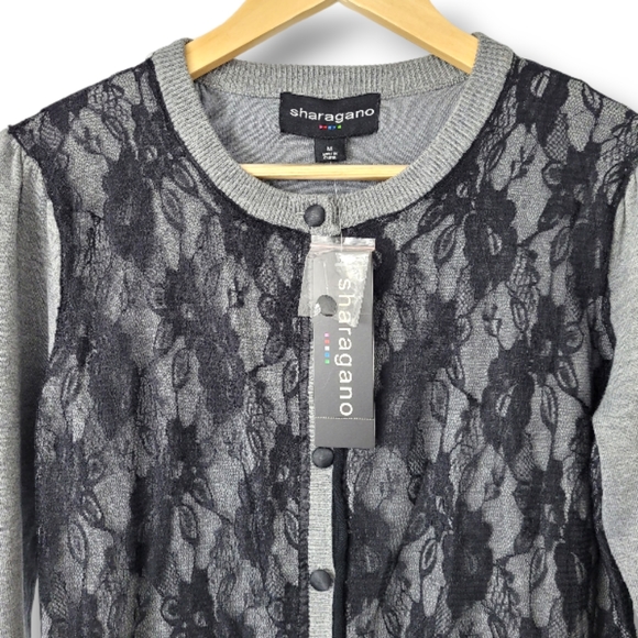 Sharagano Grey Black Lace Button Up, Long Sleeve Cardigan Sweater, M - Picture 3 of 6